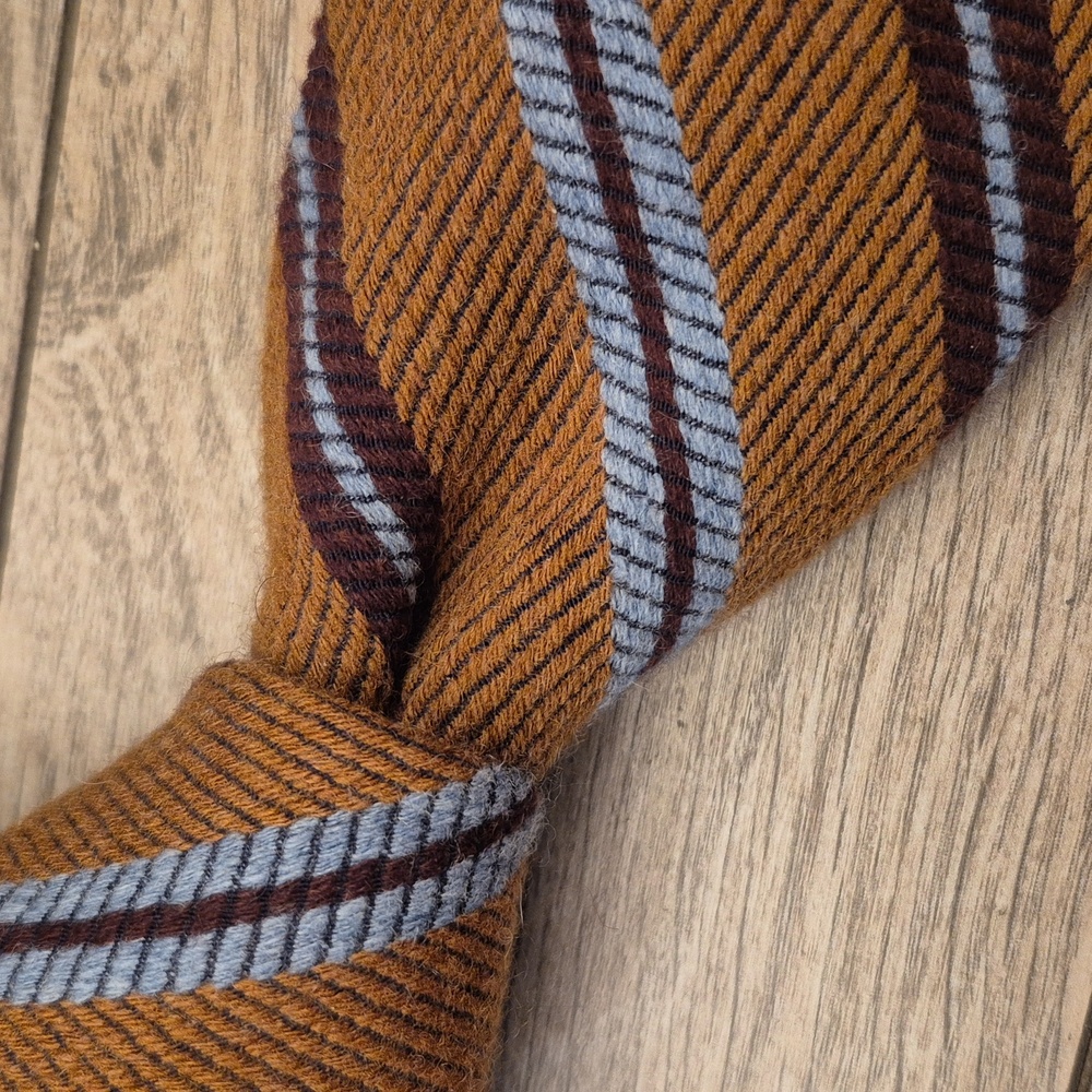 HOLLAND & SHERRY Bespoke Rustic Brown Tan Blue Striped Thick Silk Wool Blend Tie